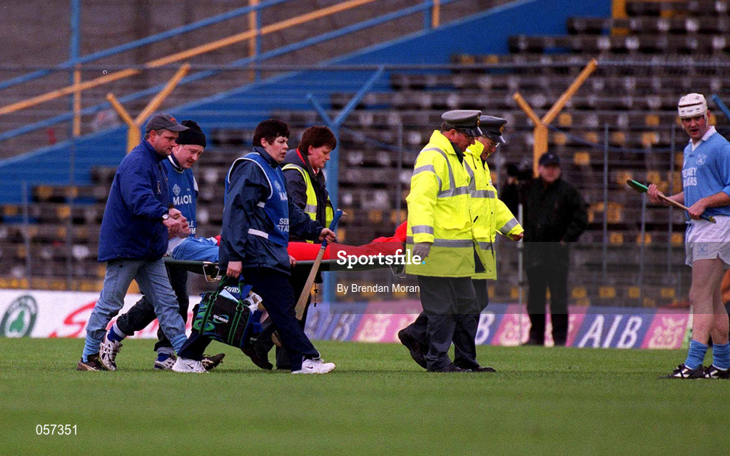 25 February 2001; Tomas McCluskey Graigue Ballycallan is stretchered from the field after receiving a leg injury during the AIB All-Ireland Senior Club Hurling Championship Semi-Final between Graigue Ballycallan and Sixmilebridge at Semple Stadium in Thurles, Tipperary. Photo by Brendan Moran/Sportsfile