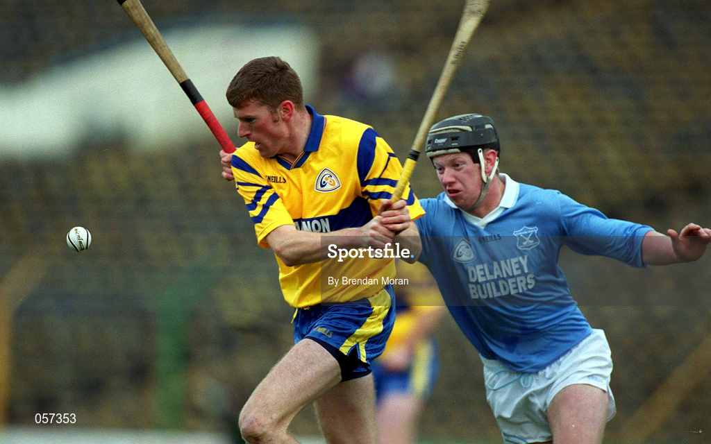 25 February 2001; Declan Murphy, Sixmilebridge, in action against Michael Hoyne, Graigue Ballycallan, during the AIB All-Ireland Senior Club Hurling Championship Semi-Final between Graigue Ballycallan and Sixmilebridge at Semple Stadium in Thurles, Tipperary. Photo by Brendan Moran/Sportsfile