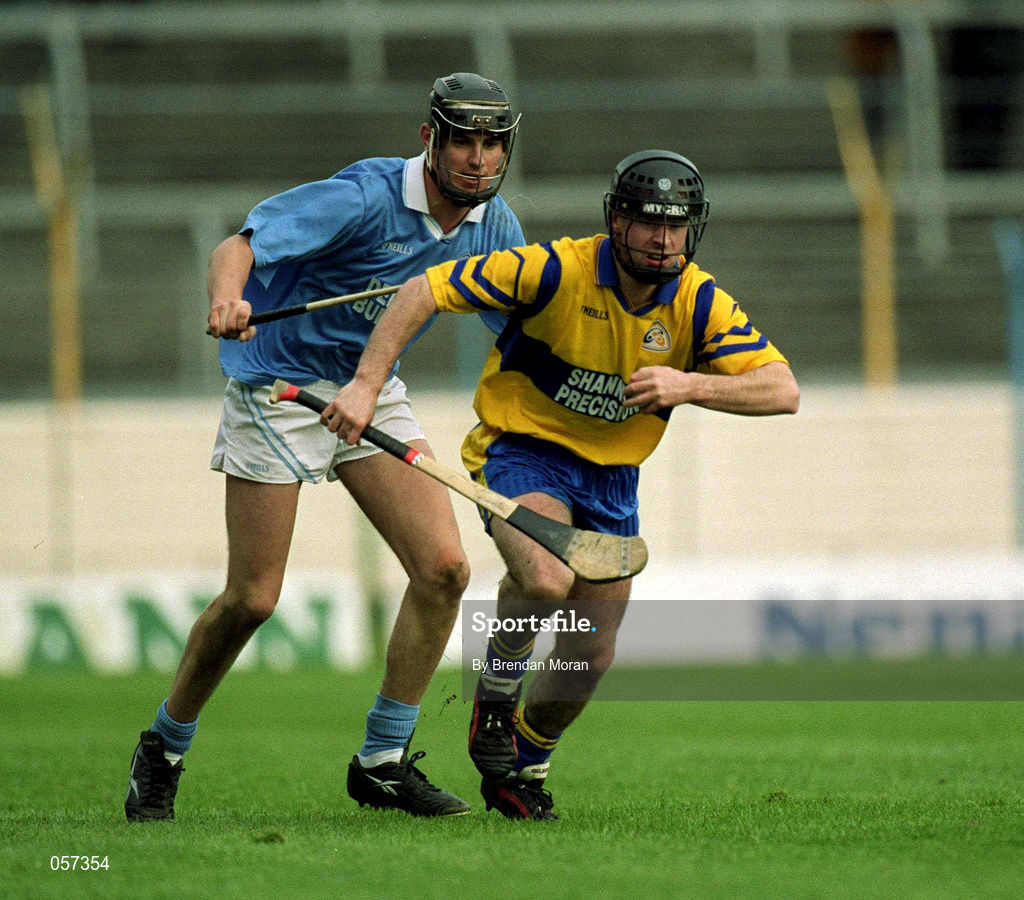 25 February 2001; Martin Conlon of Sixmilebridge in action against John Hoyne of Graigue Ballycallan during the AIB All-Ireland Senior Club Hurling Championship Semi-Final between Graigue Ballycallan and Sixmilebridge at Semple Stadium in Thurles, Tipperary. Photo by Brendan Moran/Sportsfile