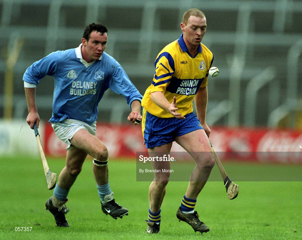 25 February 2001; Christy Chaplin of Sixmilebridge in action against Tomas Comerford of Graigue Ballycallan during the AIB All-Ireland Senior Club Hurling Championship Semi-Final between Graigue Ballycallan and Sixmilebridge at Semple Stadium in Thurles, Tipperary. Photo by Brendan Moran/Sportsfile
