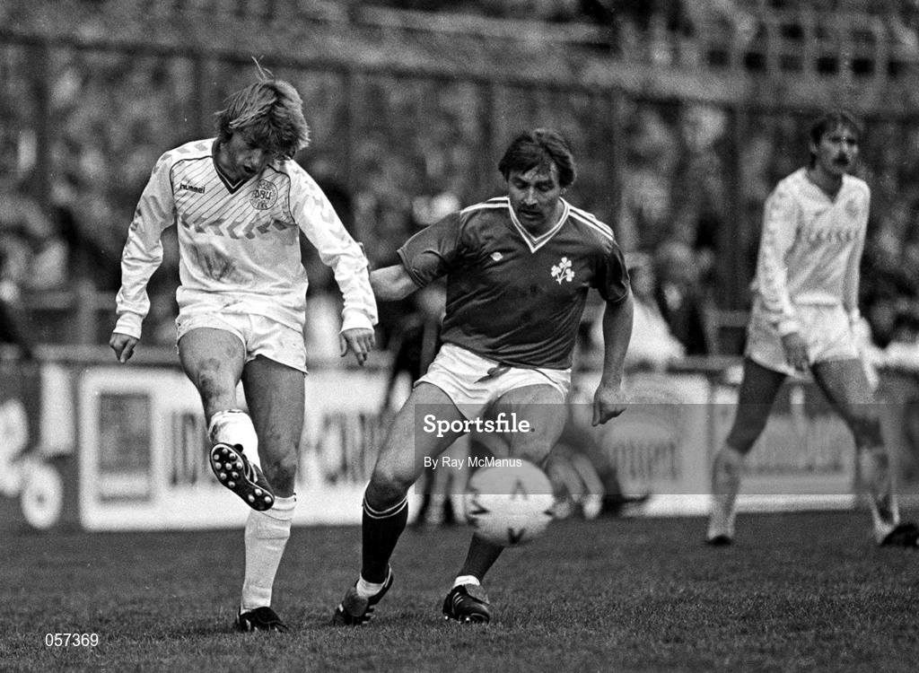 13 November 1985; Denmark's Jesper Olsen in action against Pat Byrne of Republic of Ireland during the FIFA  World Cup Qualifying Group 6 match between Republic of Ireland and Denmark at Lansdowne Road in Dublin. Photo by Ray McManus/Sportsfile