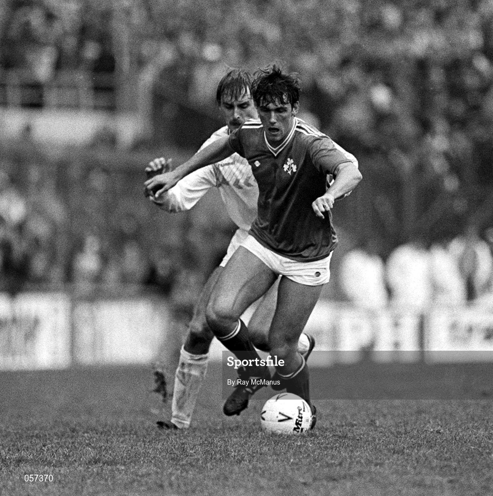 13 November 1985; Tony Cascarino of Republic of Ireland in action against Ivan Neilsen of Denmark during the FIFA  World Cup Qualifying Group 6 match between Republic of Ireland and Denmark at Lansdowne Road in Dublin. Photo by Ray McManus/Sportsfile