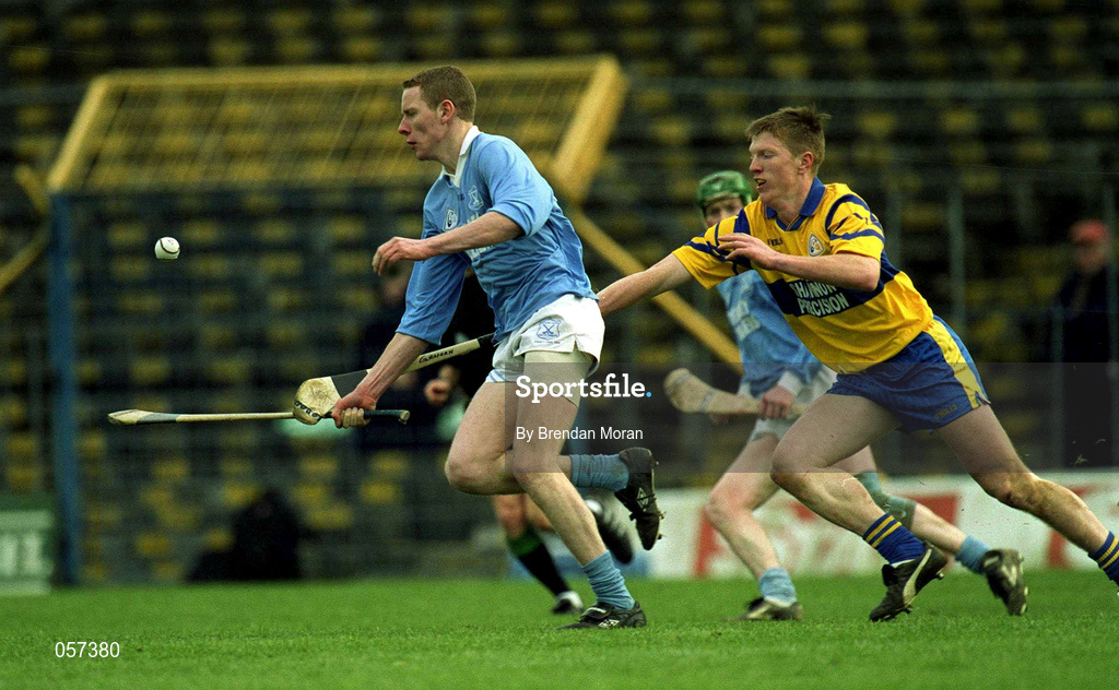 25 February 2001; James Ryall of Graigue Ballycallan in action against Niall Gilligan of Sixmilebridge during the AIB All-Ireland Senior Club Hurling Championship Semi-Final between Graigue Ballycallan and Sixmilebridge at Semple Stadium in Thurles, Tipperary. Photo by Brendan Moran/Sportsfile