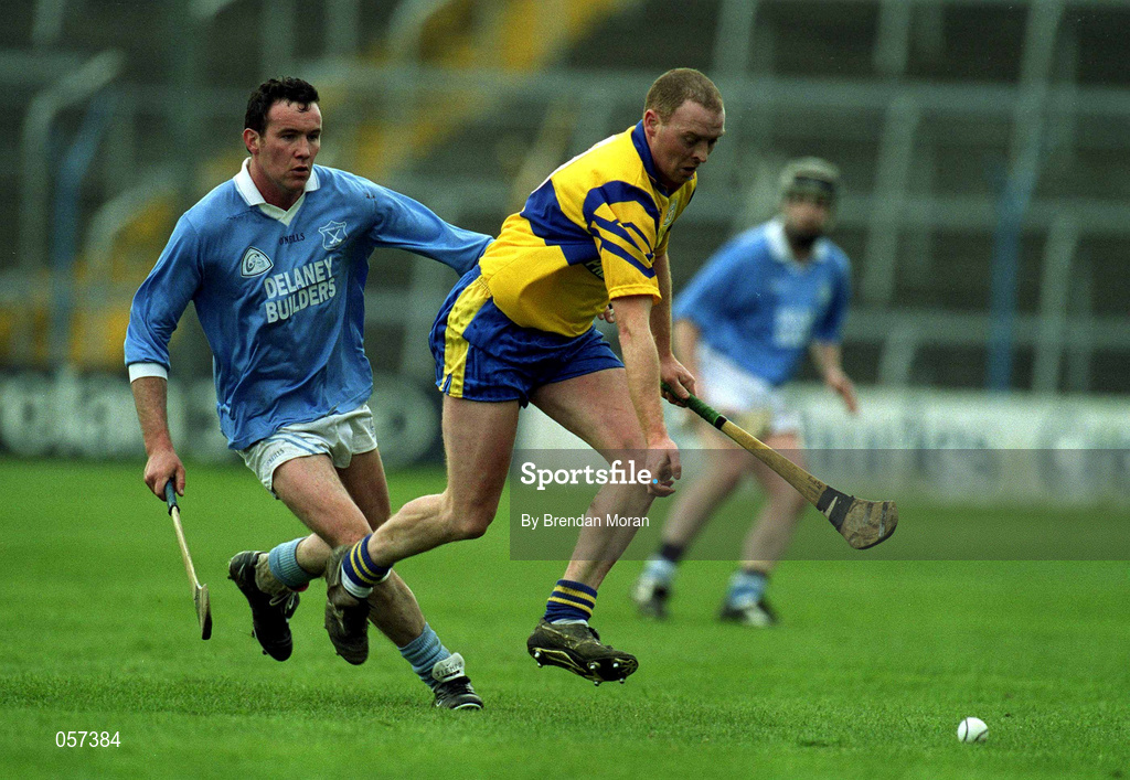25 February 2001; Tomas Comerford of Graigue Ballycallan in action against Christy Chaplin of Sixmilebridge during the AIB All-Ireland Senior Club Hurling Championship Semi-Final between Graigue Ballycallan and Sixmilebridge at Semple Stadium in Thurles, Tipperary. Photo by Brendan Moran/Sportsfile