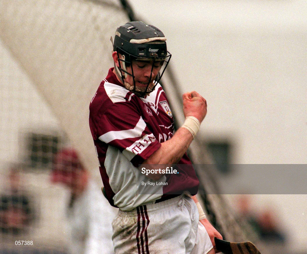 25 February 2001; Athenry's Eugene Cloonan celebrates after scoring his side's third goal during the AIB All-Ireland Senior Club Hurling Championship Semi-Final match between Athenry and Dunloy at Parnell Park in Dublin. Photo by Ray Lohan/Sportsfile