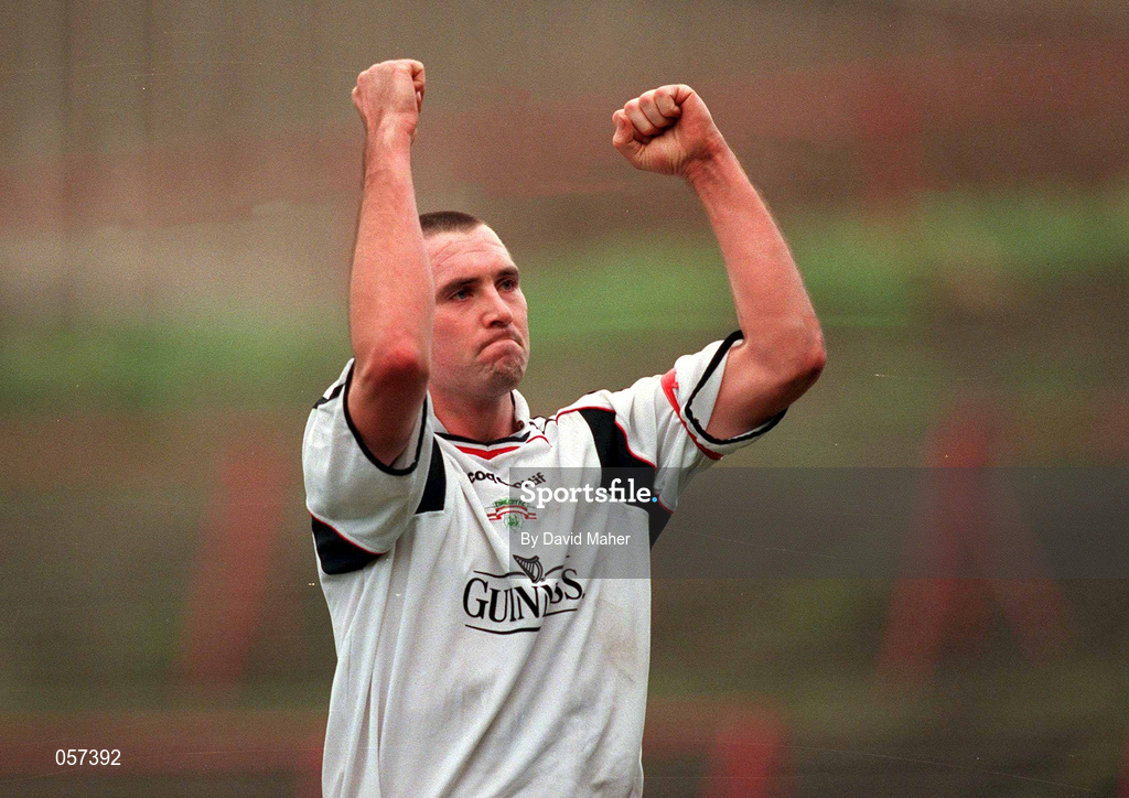 25 February 2001; Derek Coughlan of Cork City celebrates his side's victory following the Eircom League Premier Division match between Bohemians and Cork City at Dalymount Park in Dublin. Photo by David Maher/Sportsfile
