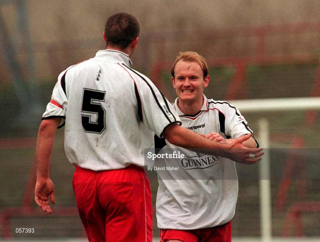 25 February 2001; Derek Coughlan, left, celebrates with Cork City team-mate Anthony Buckley following their victory in the Eircom League Premier Division match between Bohemians and Cork City at Dalymount Park in Dublin. Photo by David Maher/Sportsfile