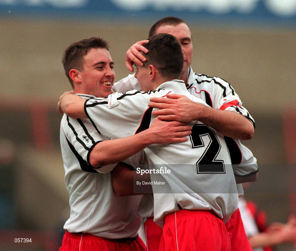 25 February 2001; Cork City players, from left, Neal Horgan, Alan Carey and Derek Coughlan celebrate their victory following the Eircom League Premier Division match between Bohemians and Cork City at Dalymount Park in Dublin. Photo by David Maher/Sportsfile