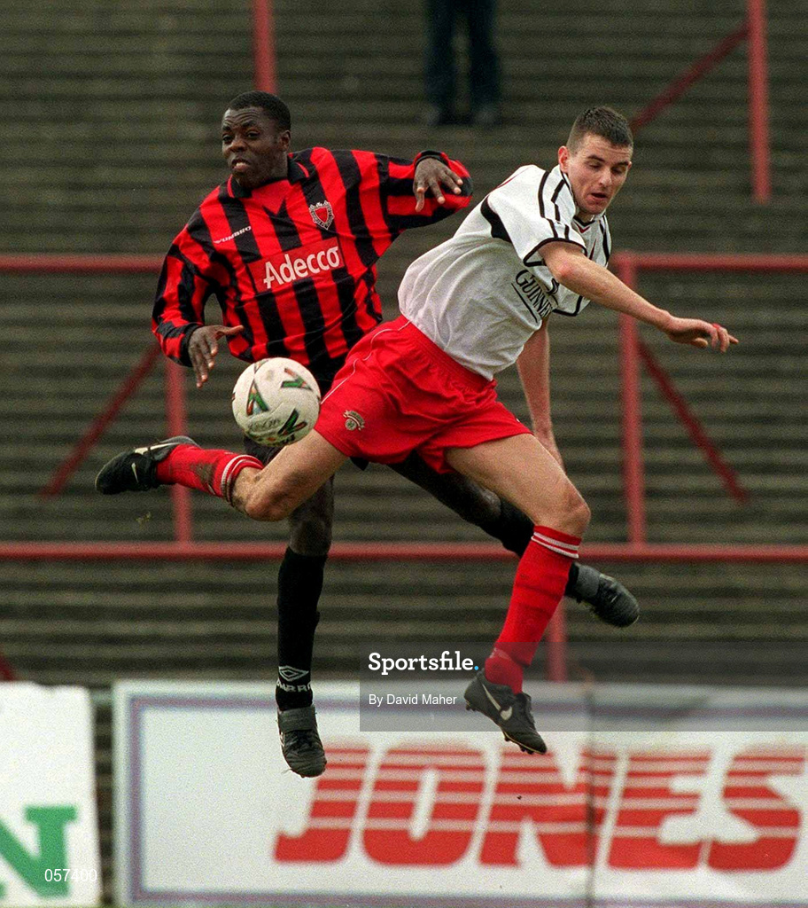25 February 2001; Alan Carey of Cork City in action against Mark Rutherford of Bohemians during the Eircom League Premier Division match between Bohemians and Cork City at Dalymount Park in Dublin. Photo by David Maher/Sportsfile