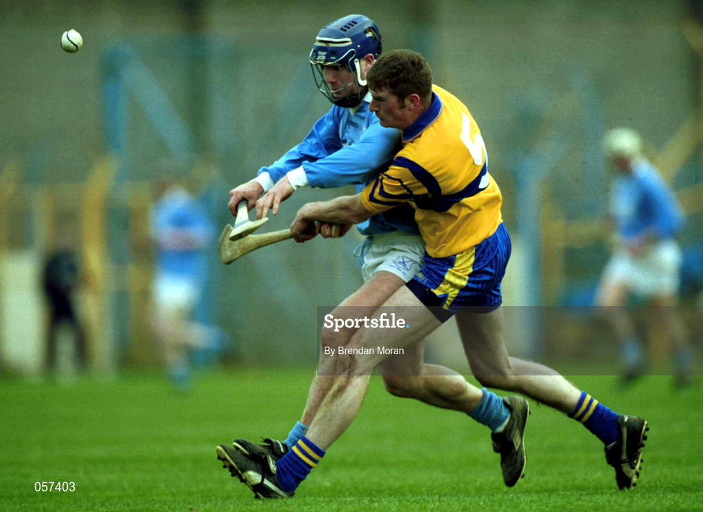25 February 2001; Declan Murphy of Sixmilebridge in action against Denis Byrne of Graigue Ballycallan during the AIB All-Ireland Senior Club Hurling Championship Semi-Final between Graigue Ballycallan and Sixmilebridge at Semple Stadium in Thurles, Tipperary. Photo by Brendan Moran/Sportsfile