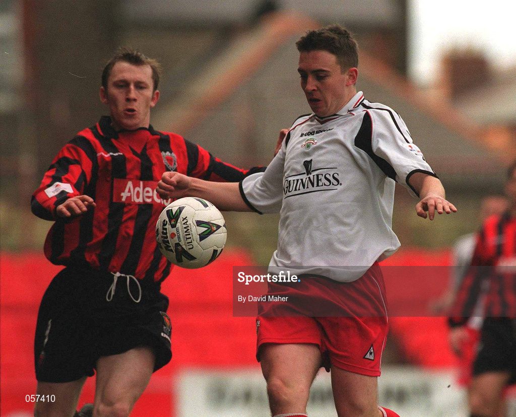 25 February 2001; Neal Horgan of Cork City in action against Trevor Molloy of Bohemians during the Eircom League Premier Division match between Bohemians and Cork City at Dalymount Park in Dublin. Photo by David Maher/Sportsfile