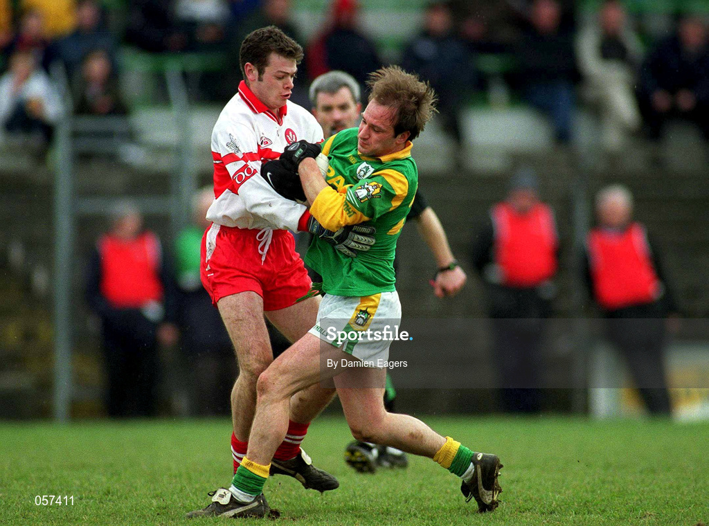 25 February 2001; Dermot Kealy of Meath in action against Paul McFlynn of Derry during the Allianz National Football League Division 1B match between Meath and Derry at Páirc Tailteann in Navan, Meath. Photo by Damien Eagers/Sportsfile
