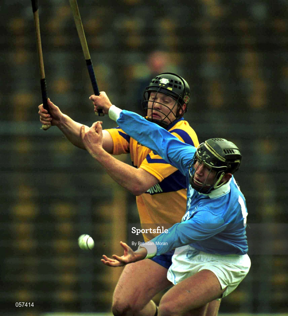 25 February 2001; Eddie Brennan of Graigue Ballycallan in action against Pat Hayes of Sixmilebridge during the AIB All-Ireland Senior Club Hurling Championship Semi-Final between Graigue Ballycallan and Sixmilebridge at Semple Stadium in Thurles, Tipperary. Photo by Brendan Moran/Sportsfile