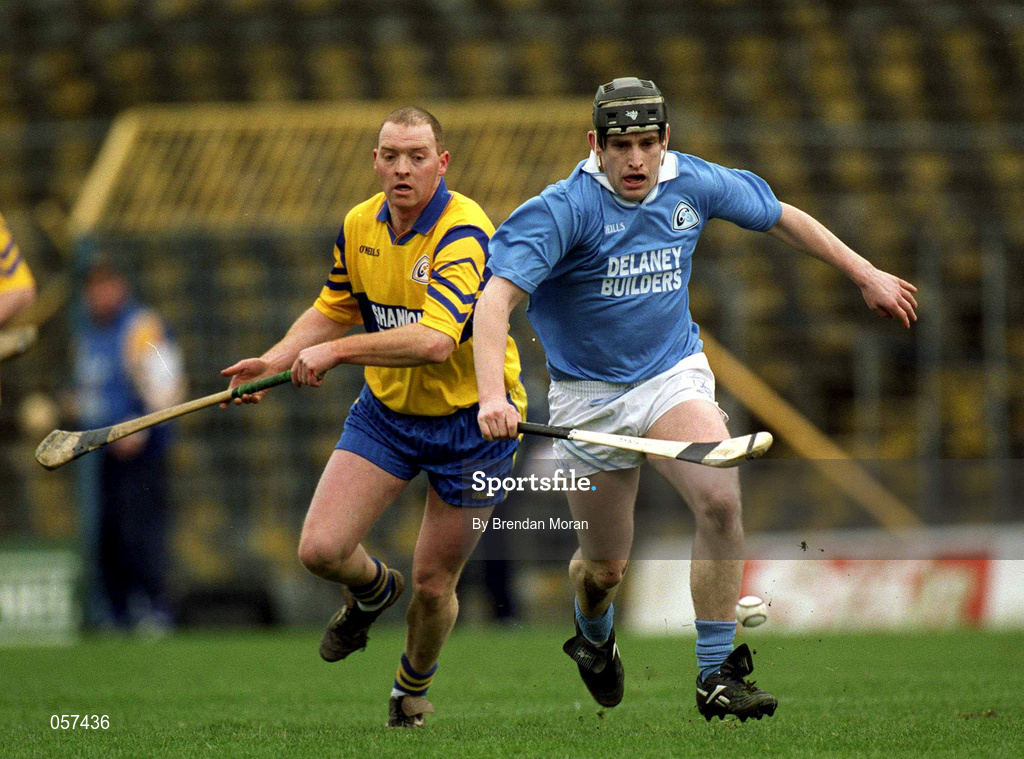 25 February 2001; James Young of Graigue Ballycallan in action against Christy Chaplin of Sixmilebridge during the AIB All-Ireland Senior Club Hurling Championship Semi-Final between Graigue Ballycallan and Sixmilebridge at Semple Stadium in Thurles, Tipperary. Photo by Brendan Moran/Sportsfile