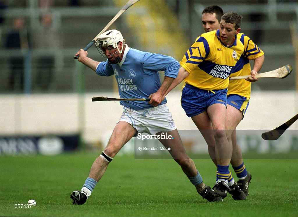 25 February 2001; Tomas Comerford of Graigue Ballycallan in action against John Chaplin of Sixmilebridge during the AIB All-Ireland Senior Club Hurling Championship Semi-Final between Graigue Ballycallan and Sixmilebridge at Semple Stadium in Thurles, Tipperary. Photo by Brendan Moran/Sportsfile