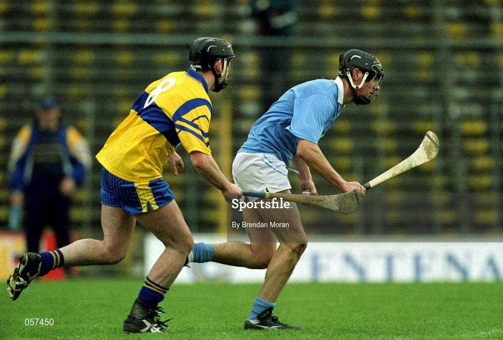 25 February 2001; John Hoyne of Graigue Ballycallan gets away from Stiofan Fitzpatrick of Sixmilebridge during the AIB All-Ireland Senior Club Hurling Championship Semi-Final between Graigue Ballycallan and Sixmilebridge at Semple Stadium in Thurles, Tipperary. Photo by Brendan Moran/Sportsfile