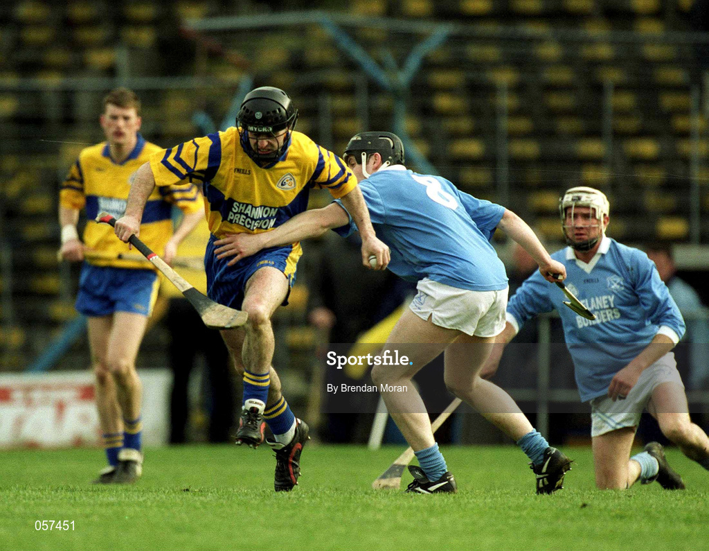 25 February 2001; Martin Conlon of Sixmilebridge is tackled by James Young of Graigue Ballycallan during the AIB All-Ireland Senior Club Hurling Championship Semi-Final between Graigue Ballycallan and Sixmilebridge at Semple Stadium in Thurles, Tipperary. Photo by Brendan Moran/Sportsfile