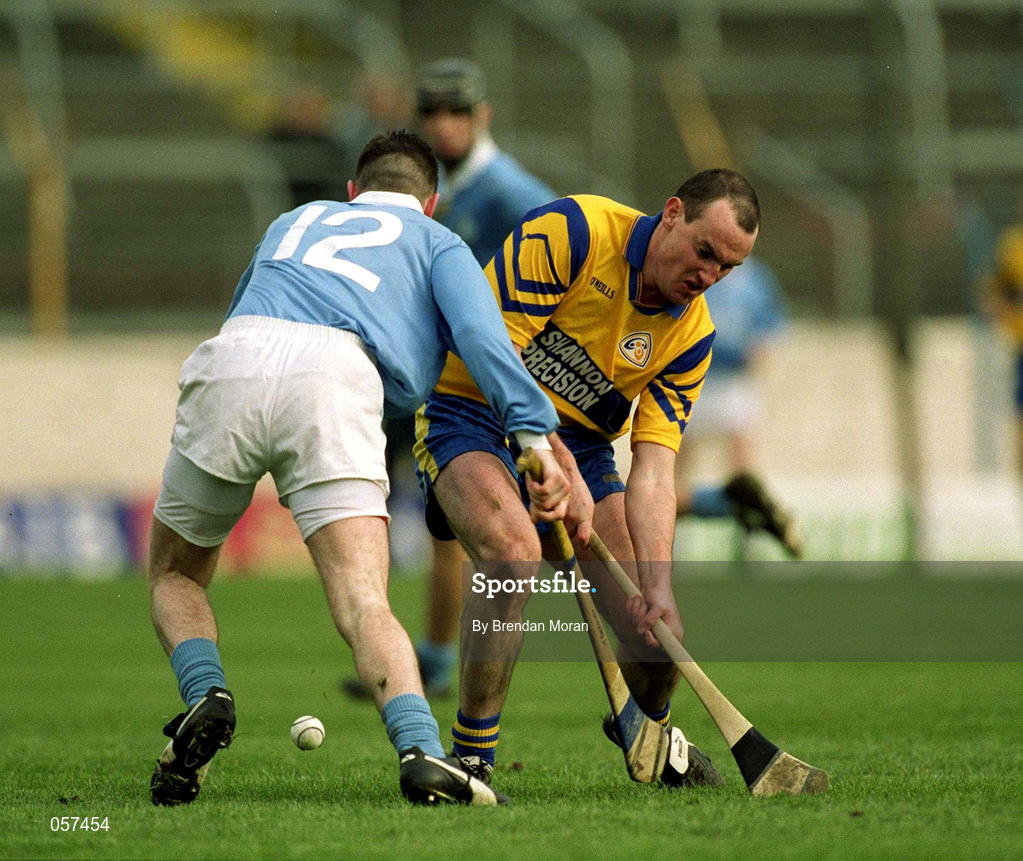 25 February 2001; Alan Mulready of Sixmilebridge in action against Tomas Dermody of Graigue Ballycallan during the AIB All-Ireland Senior Club Hurling Championship Semi-Final between Graigue Ballycallan and Sixmilebridge at Semple Stadium in Thurles, Tipperary. Photo by Brendan Moran/Sportsfile