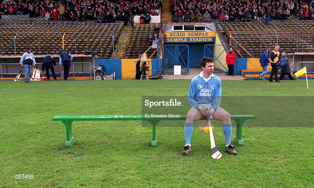 25 February 2001; Tomas McCluskey awaits his Graigue Ballycallan team-mates for their team photograph prior to the AIB All-Ireland Senior Club Hurling Championship Semi-Final between Graigue Ballycallan and Sixmilebridge at Semple Stadium in Thurles, Tipperary. Photo by Brendan Moran/Sportsfile