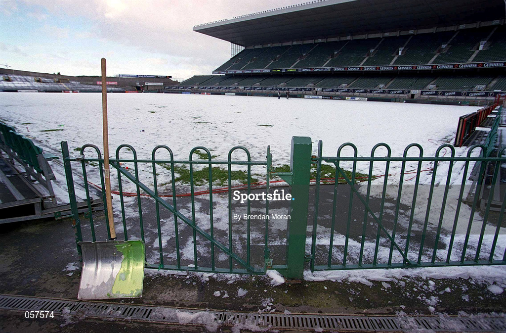 28 February 2001; A general view of a snow covered Lansdowne Road in Dublin after it was the announced that the International Friendly match between Republic of Ireland and Denmark game would be postponed. Photo by Brendan Moran/Sportsfile
