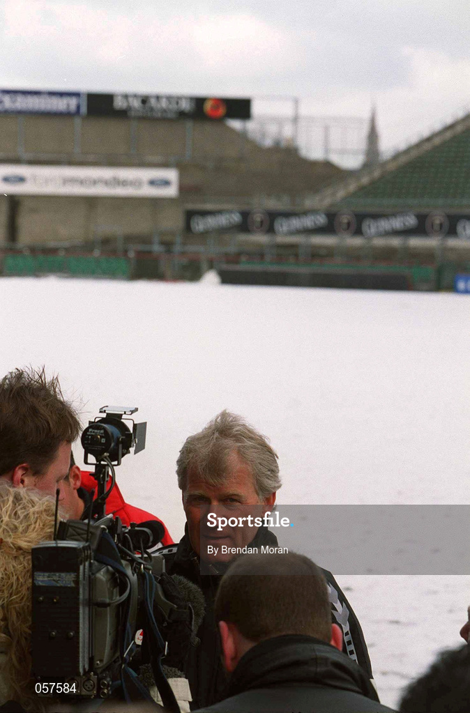 28 February 2001; Denmark manager Morten Olsen speaks to media at a snow covered Lansdowne Road in Dublin after it was the announced that the International Friendly match between Republic of Ireland and Denmark game would be postponed. Photo by Brendan Moran/Sportsfile