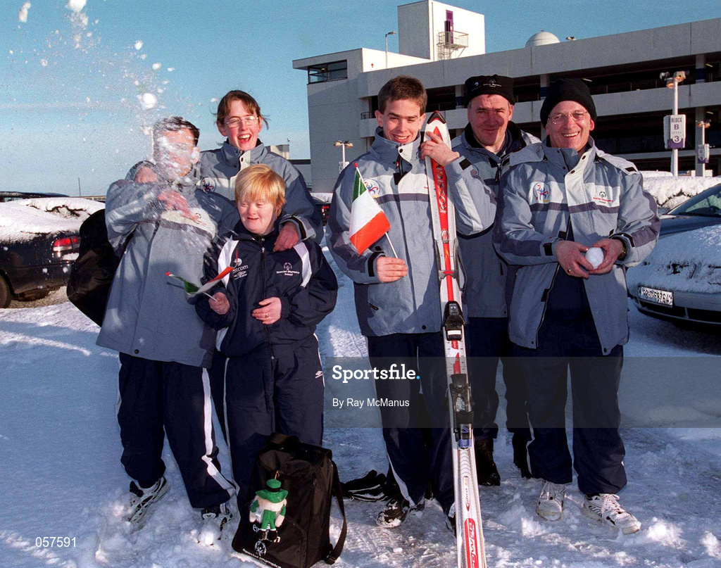 28 February 2001; Special Olympic athletes, from left, Cormac Maguire from Dublin, Lorraine Whelan from Wicklow, Jacinta O'Neill from Dublin, Warren Tate from Dublin, Finbarr Hughes from Tyrone and Jim Nugent from Armagh at Dublin Airport prior to their departure, to Alaska, as members of the Special Olympics Ireland Team prepare to compete in the 2001 Special Olympics World Winter Games which commence on the 4th of March. Photo by Ray McManus/Sportsfile