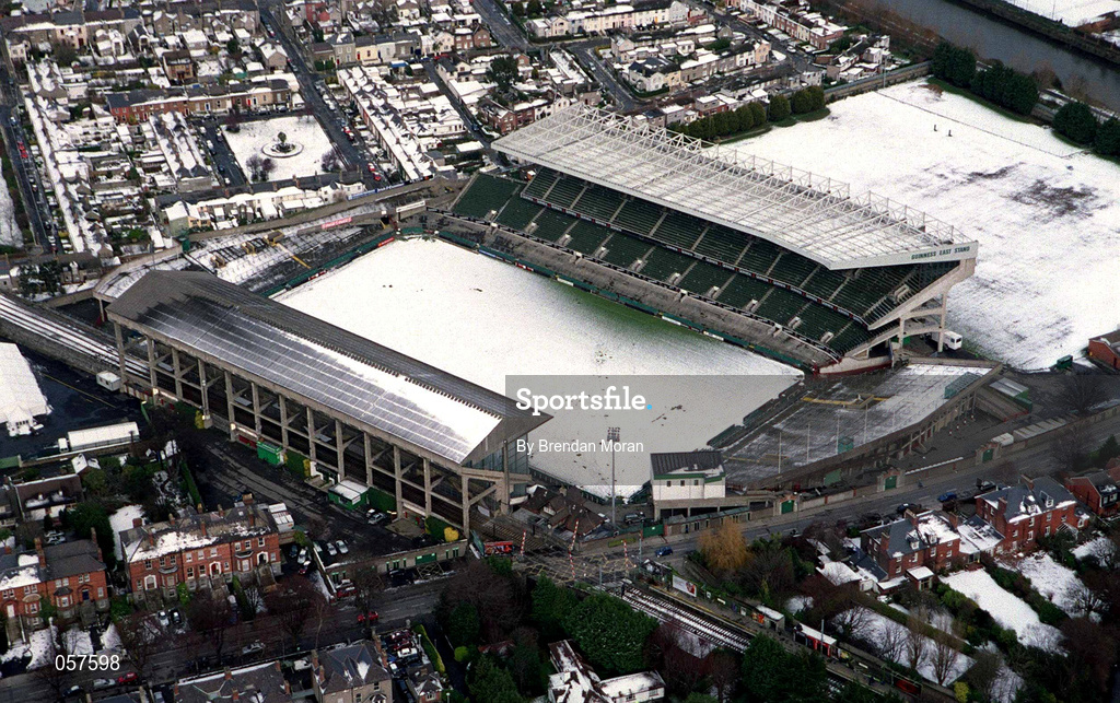28 February 2001; An aerial view of a snow covered Lansdowne Road in Dublin. Photo by Brendan Moran/Sportsfile