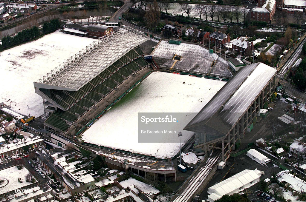 28 February 2001; An aerial view of a snow covered Lansdowne Road in Dublin. Photo by Brendan Moran/Sportsfile