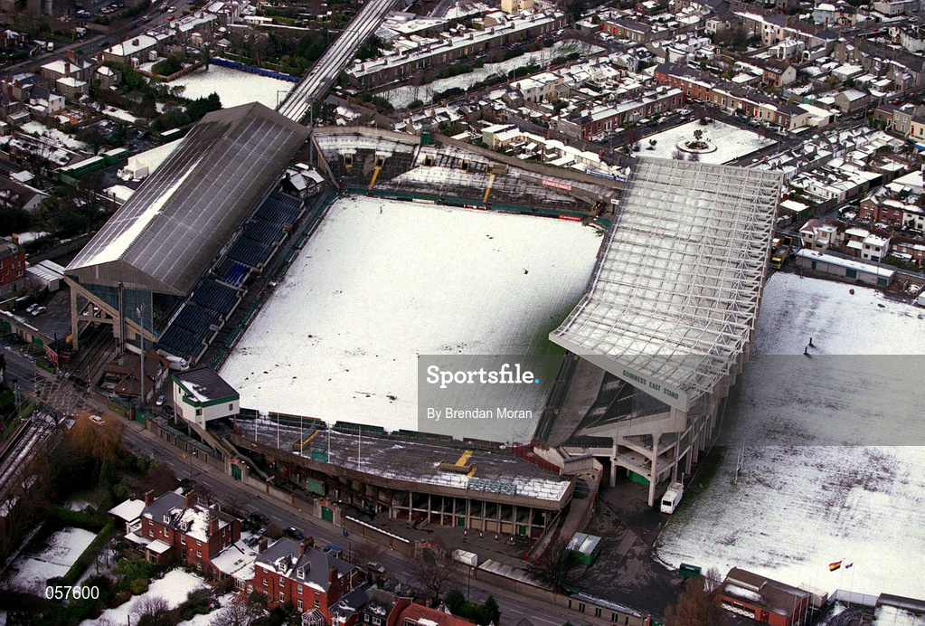 28 February 2001; An aerial view of a snow covered Lansdowne Road in Dublin. Photo by Brendan Moran/Sportsfile