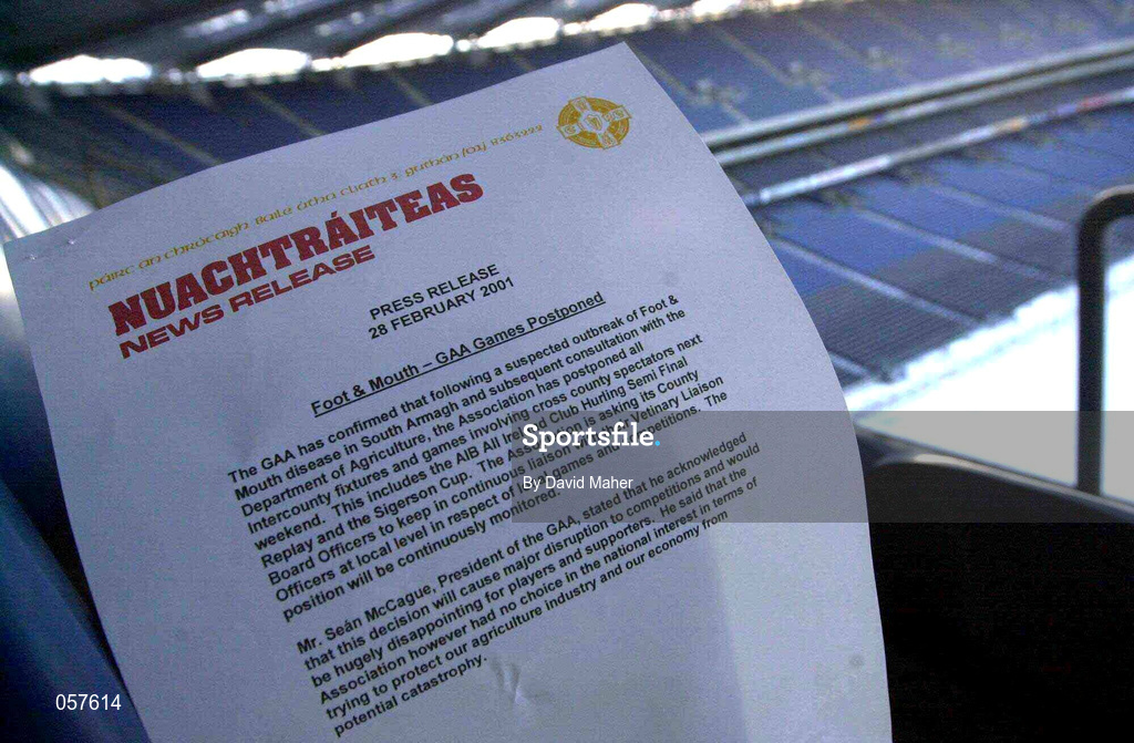 28 February 2001; A GAA press release is seen in Croke Park announcing the postponment of all Intercounty fixtures and games involving cross county spectators next weekend due to Foot and Mouth Disease. This includes the All-Ireland Club Hurling semi-final replay between Sixmilebridge and Graigue Ballycallan due to be payed in Thurles on Saturday next. Photo by David Maher/Sportsfile