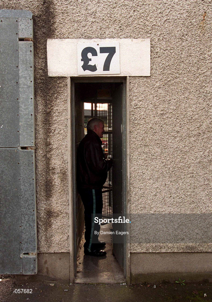 25 February 2001; Patrons use a turnstile featuring the price of seven pounds sterling at Páirc Tailteann ahead of the Allianz National Football League Division 1B match between Meath and Derry in Navan, Meath. Photo by Damien Eagers/Sportsfile