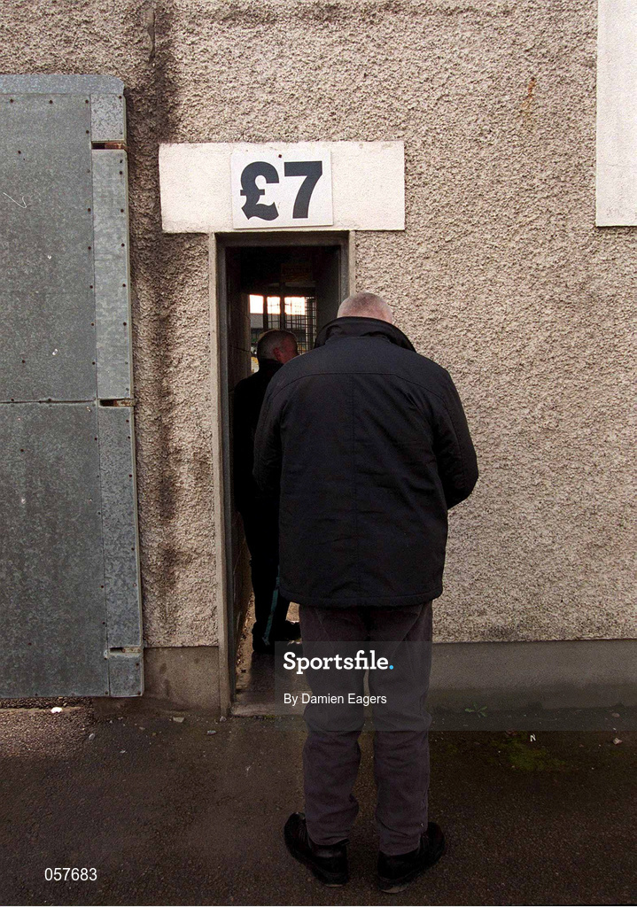 25 February 2001; Patrons use a turnstile featuring the price of seven pounds sterling at Páirc Tailteann ahead of the Allianz National Football League Division 1B match between Meath and Derry in Navan, Meath. Photo by Damien Eagers/Sportsfile