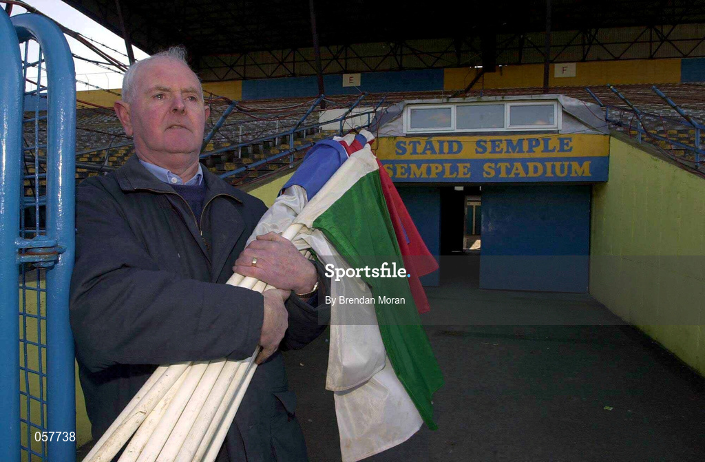 3 March 2001; Groundsman Jimmy Purcell at Semple Stadium in Thurles, Tipperary, where the AIB All-Ireland Senior Club Hurling Championship Semi-Final Replay between Sixmilebridge and Graigue Ballycallan was due to be played. All GAA games have been have been postponed until further notice as a precautionary measure against Foot and Mouth disease. Photo by Brendan Moran/Sportsfile