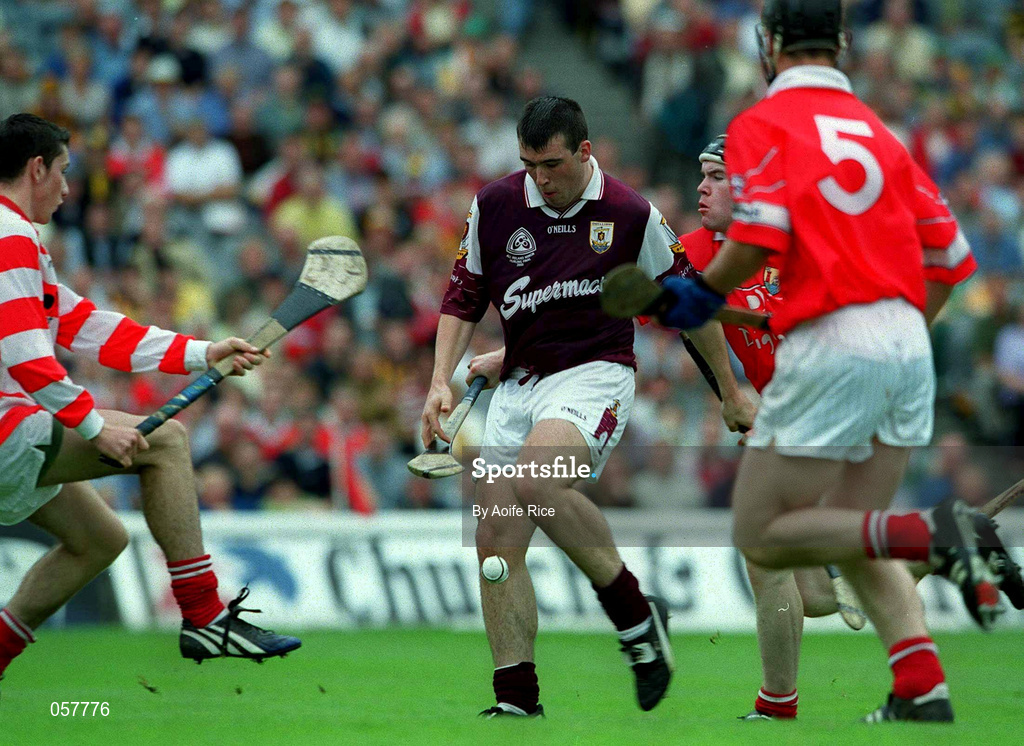 10 September 2000; Galway's David Greene kicks a goal during the All-Ireland Minor Hurling Championship Final between Cork and Galway at Croke Park in Dublin. Photo by Aoife Rice/Sportsfile