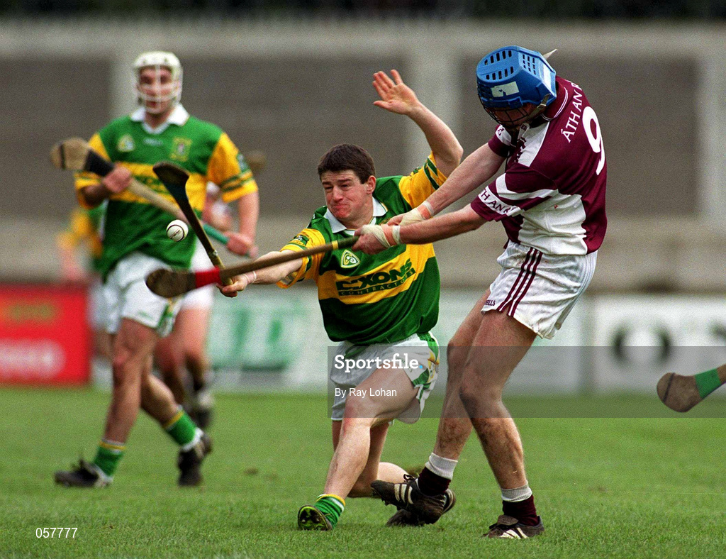 25 February 2001; Liam Redmond of Dunloy blocks down a shot by Brian Hanley of Athenry during the AIB All-Ireland Senior Club Hurling Championship Semi-Final match between Athenry and Dunloy at Parnell Park in Dublin. Photo by Ray Lohan/Sportsfile