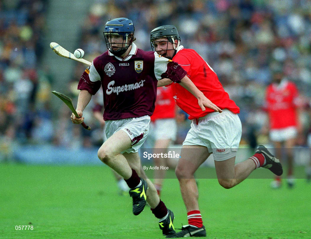 10 September 2000; Galway's Damien Hayes in action against Cork's Mark O'Connor during the All-Ireland Minor Hurling Championship Final between Cork and Galway at Croke Park in Dublin. Photo by Aoife Rice/Sportsfile