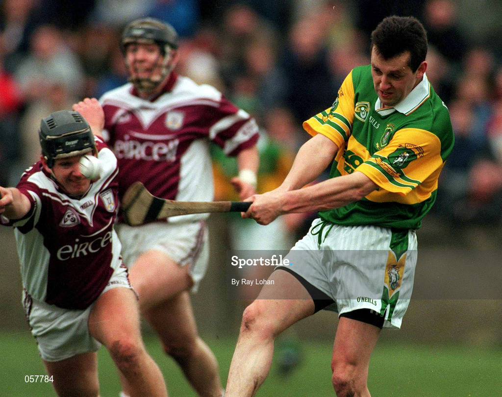 25 February 2001; Sean McIlhatton of Dunloy is tackled by Cathal Moran of Athenry during the AIB All-Ireland Senior Club Hurling Championship Semi-Final match between Athenry and Dunloy at Parnell Park in Dublin. Photo by Ray Lohan/Sportsfile