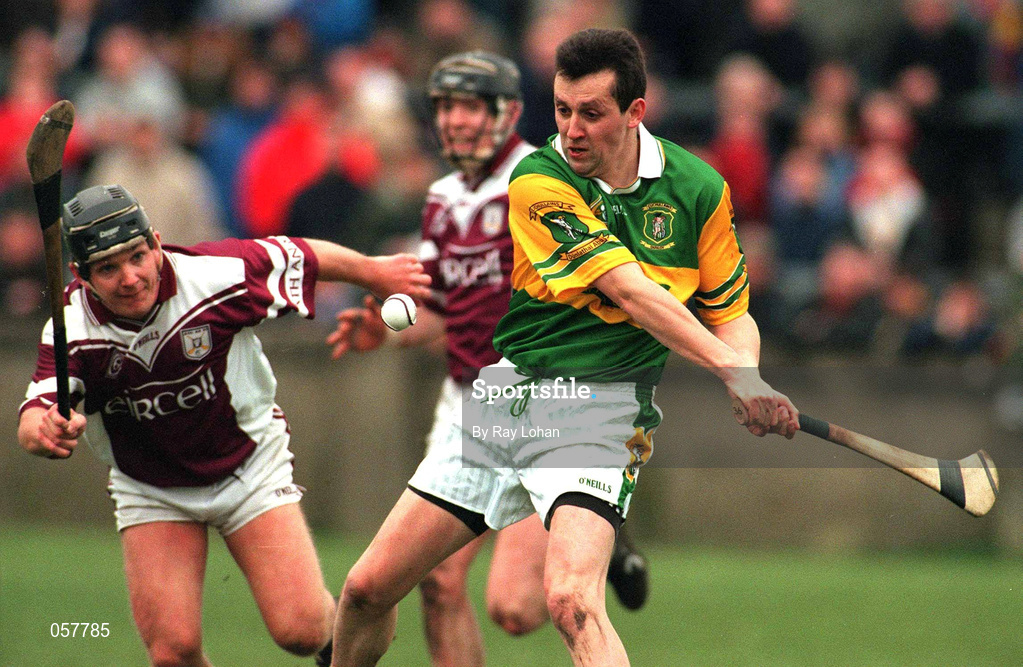 25 February 2001; Sean McIlhatton of Dunloy is tackled by Cathal Moran of Athenry during the AIB All-Ireland Senior Club Hurling Championship Semi-Final match between Athenry and Dunloy at Parnell Park in Dublin. Photo by Ray Lohan/Sportsfile