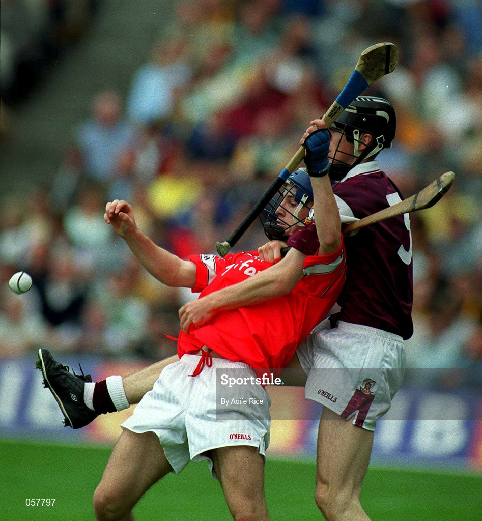10 September 2000; Cork's Kieran Murphy is tackled by Galway's Tony Regan during the All-Ireland Minor Hurling Championship Final between Cork and Galway at Croke Park in Dublin. Photo by Aoife Rice/Sportsfile