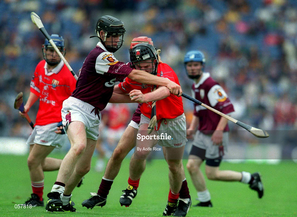 10 September 2000; Conor Brosnan of Cork is tackled by Adrian Diviney of Galway during the All-Ireland Minor Hurling Championship Final between Cork and Galway at Croke Park in Dublin. Photo by Aoife Rice/Sportsfile