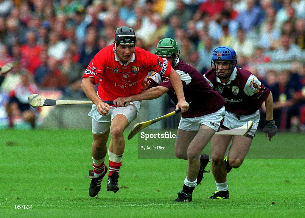 10 September 2000; Cork's Eamonn Collins in action against Brian O'Mahony of Galway during the All-Ireland Minor Hurling Championship Final between Cork and Galway at Croke Park in Dublin. Photo by Aoife Rice/Sportsfile