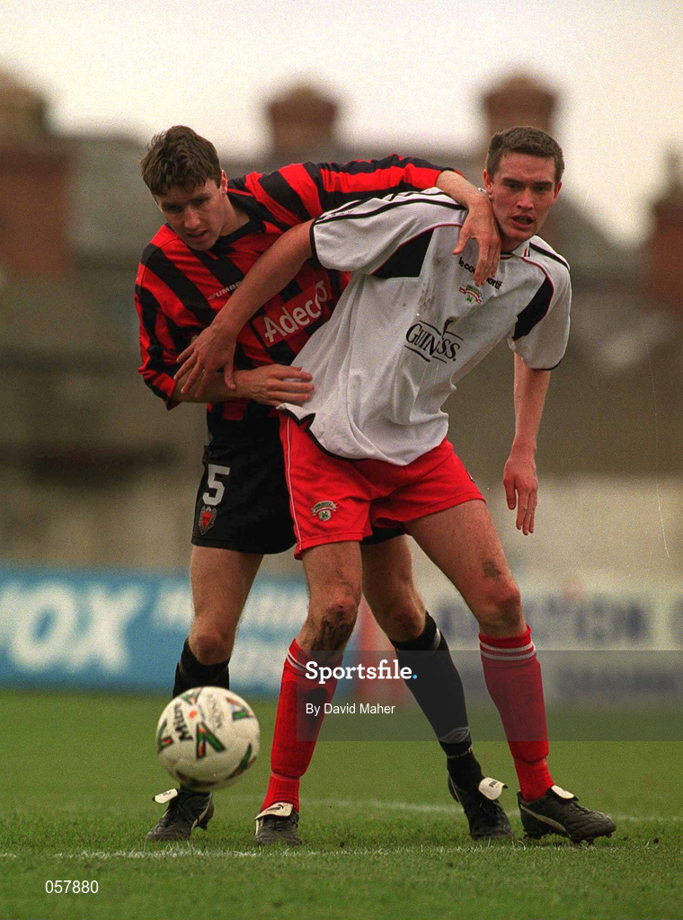 25 February 2001; Noel Hartigan of Cork City in action against Shaun Maher of Bohemians during the Eircom League Premier Division match between Bohemians and Cork City at Dalymount Park in Dublin. Photo by David Maher/Sportsfile
