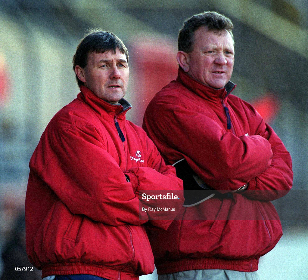 24 February 2001; Cork manager Tom Cashman, left, and selector John Crowley during the Allianz National Hurling League Division 1B match between Cork and Kilkenny at Páirc Uí Chaoimh in Cork. Photo by Ray McManus/Sportsfile