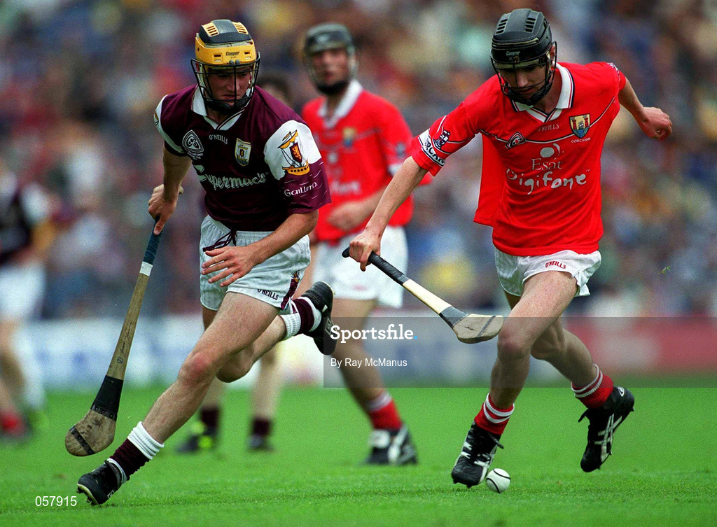 10 September 2000; Cork's Brian Murphy in action against Trevor Kavangh of Galway during the All-Ireland Minor Hurling Championship Final between Cork and Galway at Croke Park in Dublin. Photo by Ray McManus/Sportsfile