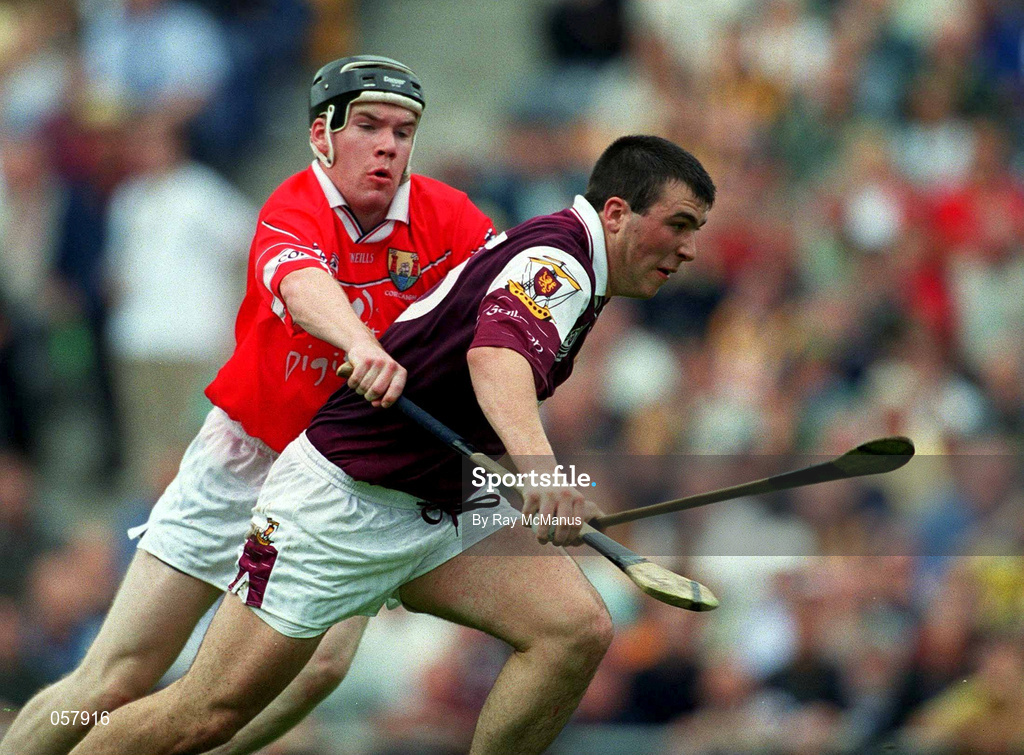 10 September 2000; Galway's David Greene is tackled by Cork's Jerry O'Brien during the All-Ireland Minor Hurling Championship Final between Cork and Galway at Croke Park in Dublin. Photo by Ray McManus/Sportsfile