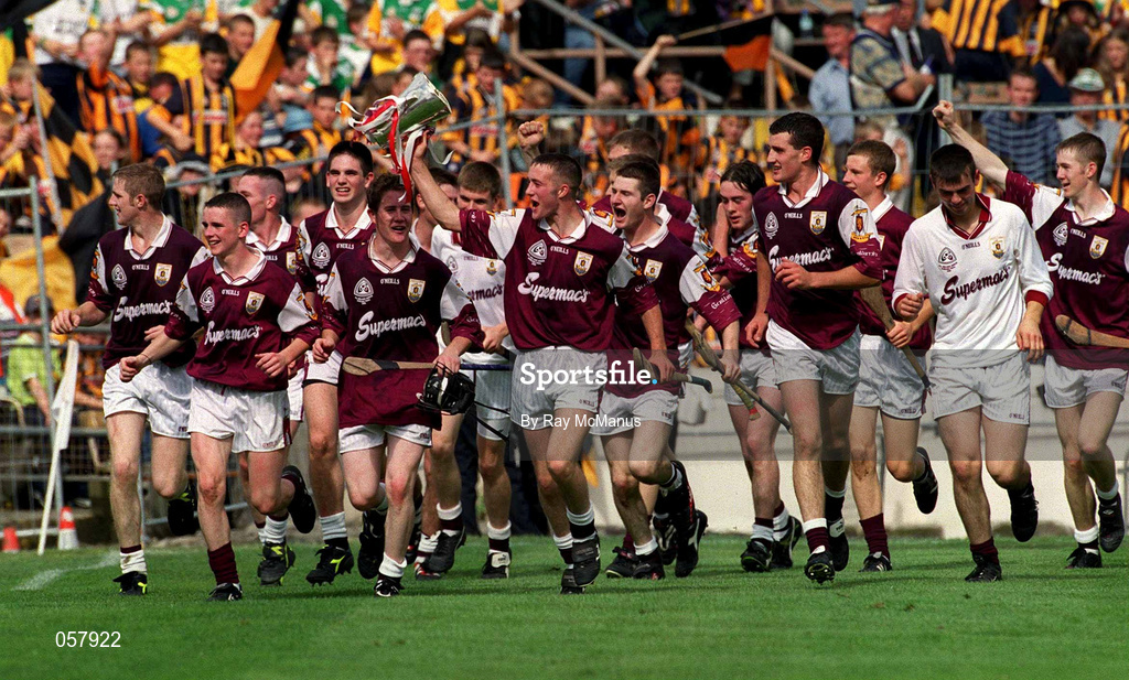 10 September 2000; Galway players celebrate with the cup following the All-Ireland Minor Hurling Championship Final between Cork and Galway at Croke Park in Dublin. Photo by Ray McManus/Sportsfile