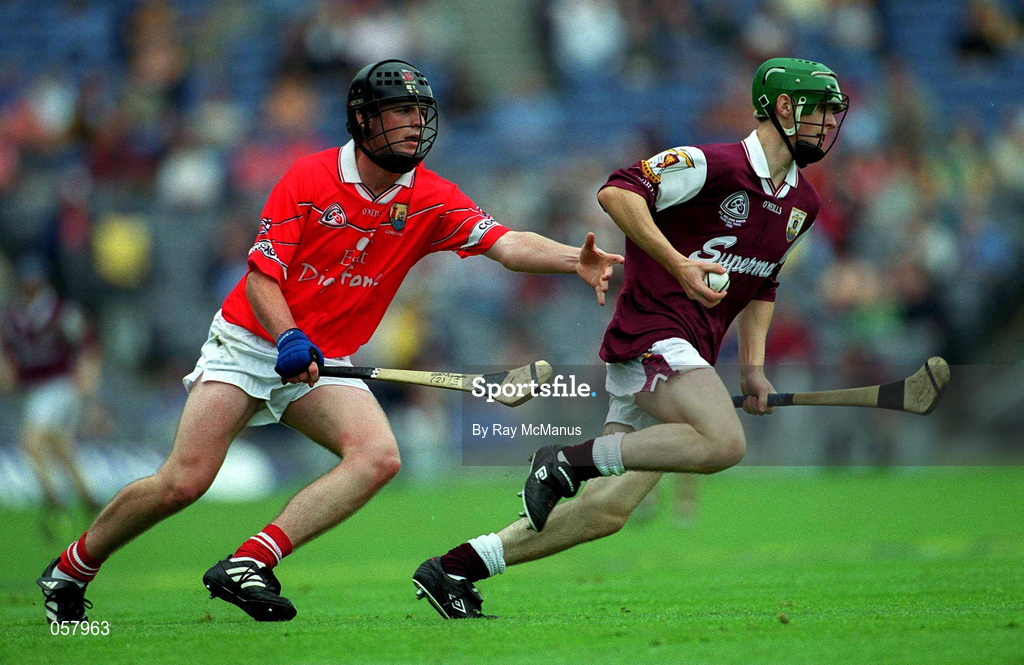 10 September 2000; Adrian Cullinane of Galway in action against Conor Brosnan of Cork during the All-Ireland Minor Hurling Championship Final between Cork and Galway at Croke Park in Dublin. Photo by Ray McManus/Sportsfile
