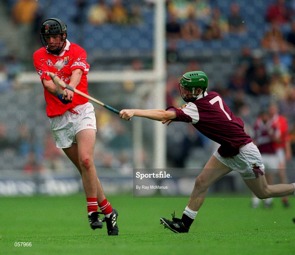 10 September 2000; Garry McLoughlin of Cork in action against Adrian Cullinane of Galway during the All-Ireland Minor Hurling Championship Final between Cork and Galway at Croke Park in Dublin. Photo by Ray McManus/Sportsfile