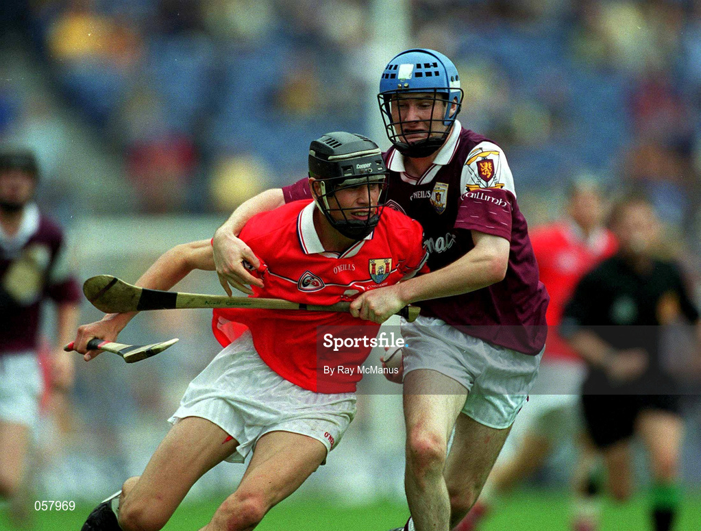 10 September 2000; Cork's Setanta Ó hAilpín in action against Niall Corcoran of Galway during the All-Ireland Minor Hurling Championship Final between Cork and Galway at Croke Park in Dublin. Photo by Ray McManus/Sportsfile