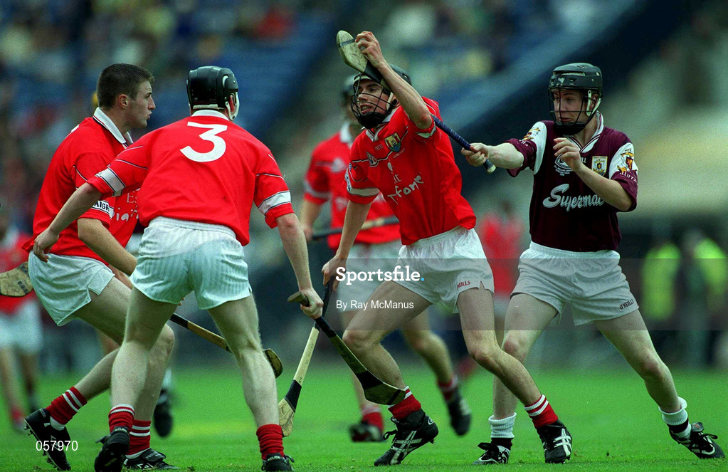 10 September 2000; Cork's Brian Murphy in action against Trevor Kavanagh of Galway during the All-Ireland Minor Hurling Championship Final between Cork and Galway at Croke Park in Dublin. Photo by Ray McManus/Sportsfile
